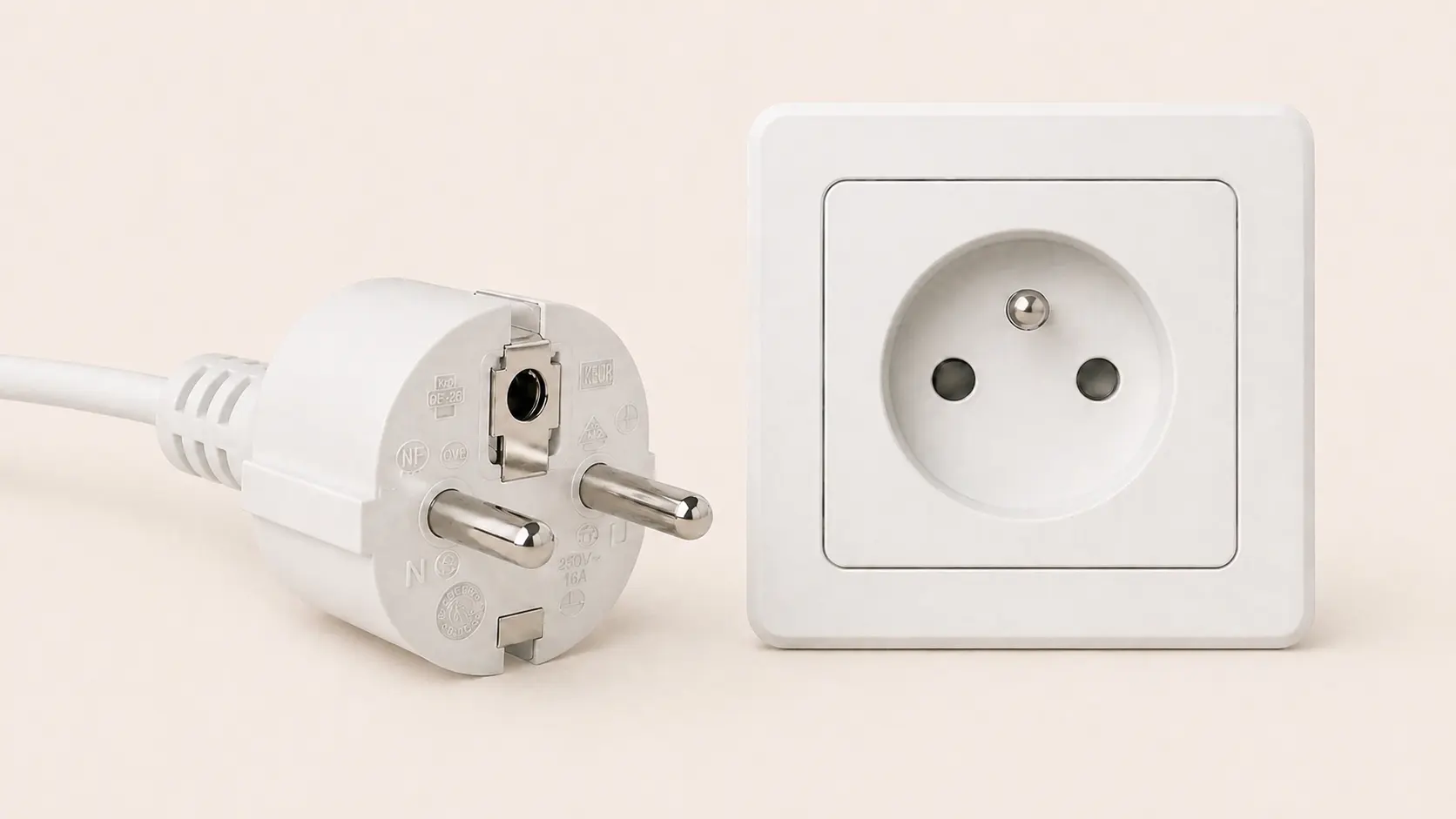 Type E French/Belgian plug with matching socket and socket-side grounding pin
