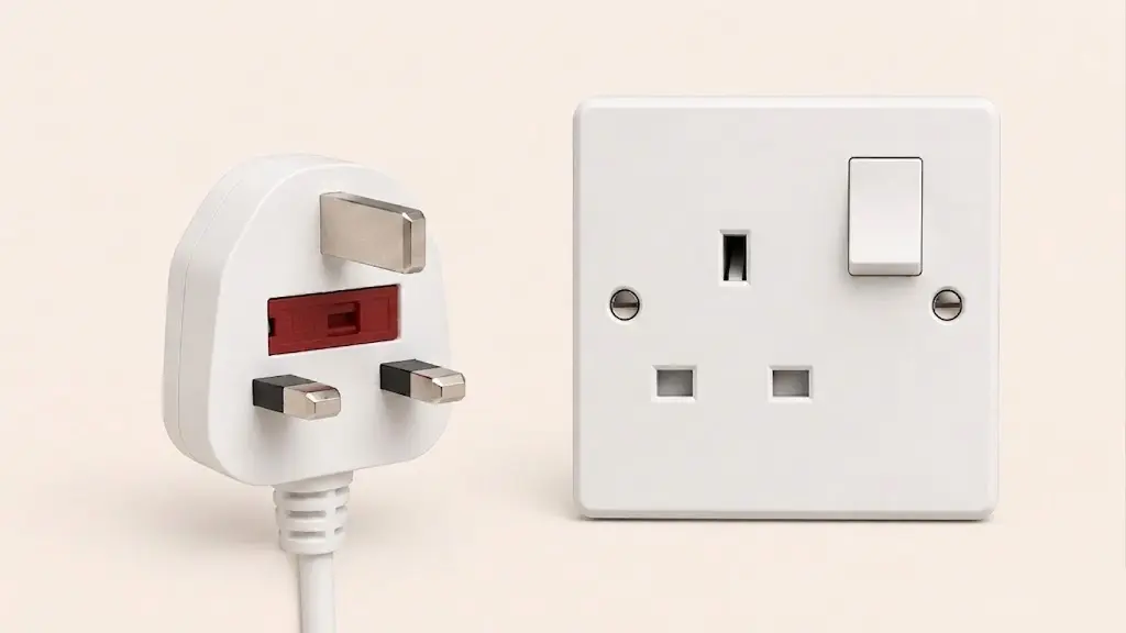 Type G British fused plug with matching three-slot socket