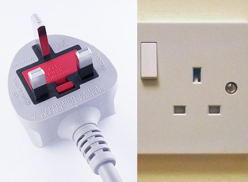 Type G British plug and socket — three rectangular pins with fuse